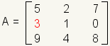 Matrix A with element in the second row, first column highlighted.