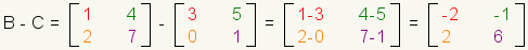 Subtraction of matrix C from B to get 2x2 matrix containing -2, -1, 1, 7.