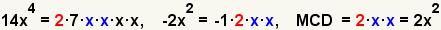 14x^4=2*7*x*x*x*x, -2x^2=-1*2*x*x, MCD=2*x*x=2x^2 con los factores “2? destacados y dos factores “x? destacados.